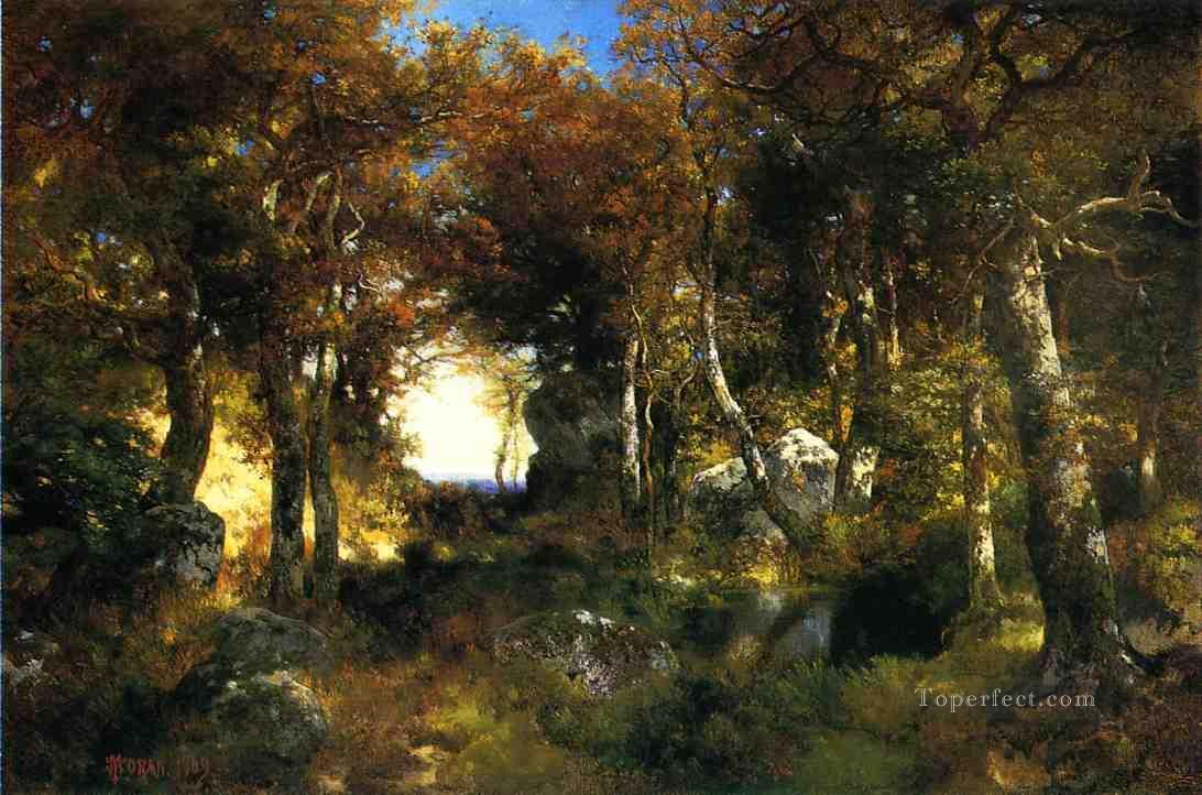 ウッドランドプールの風景 トーマス・モランの森の森油絵